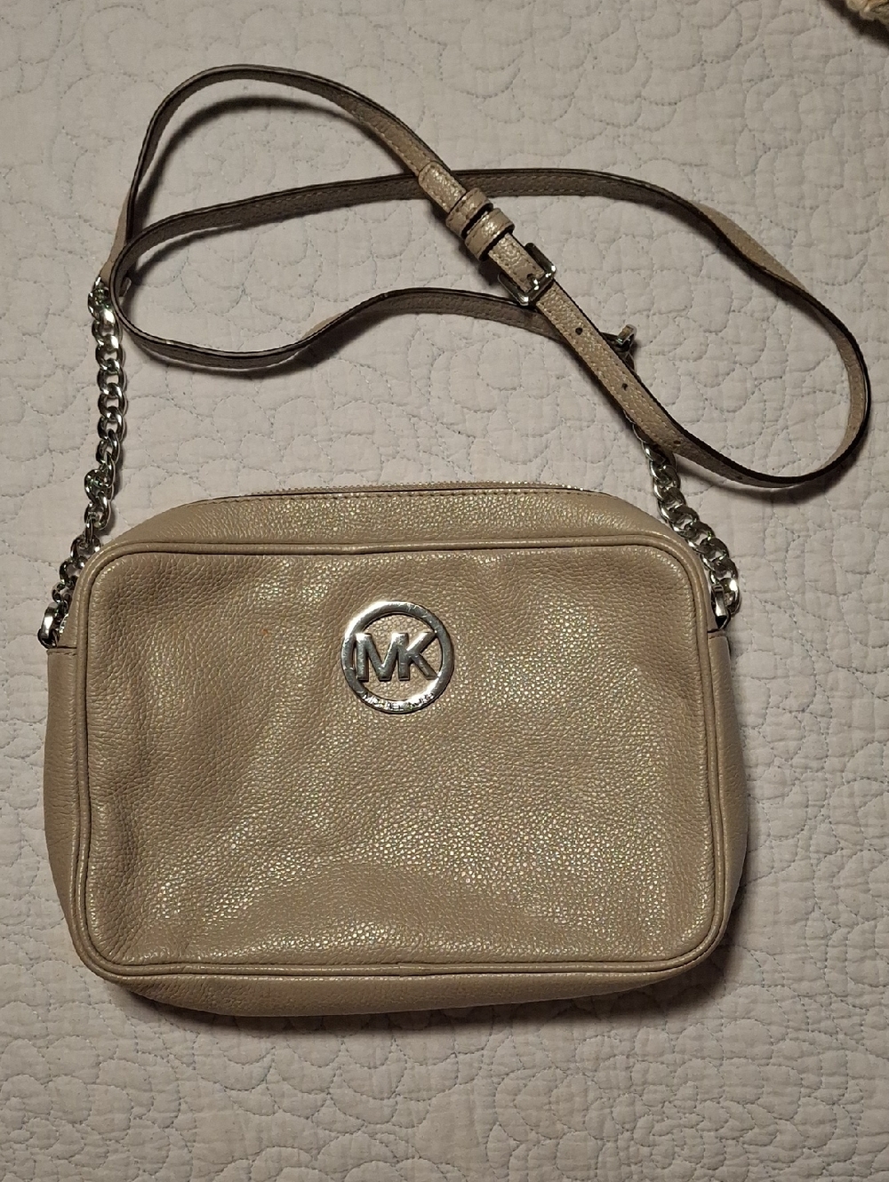Michael Kors Beige Pebbled Leather Crossbody with Silver Hardware